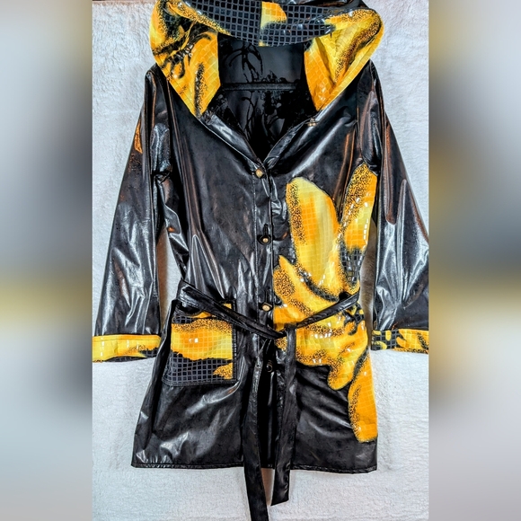 Black and Yellow Hooded Women's Rain Coat - Picture 1 of 4